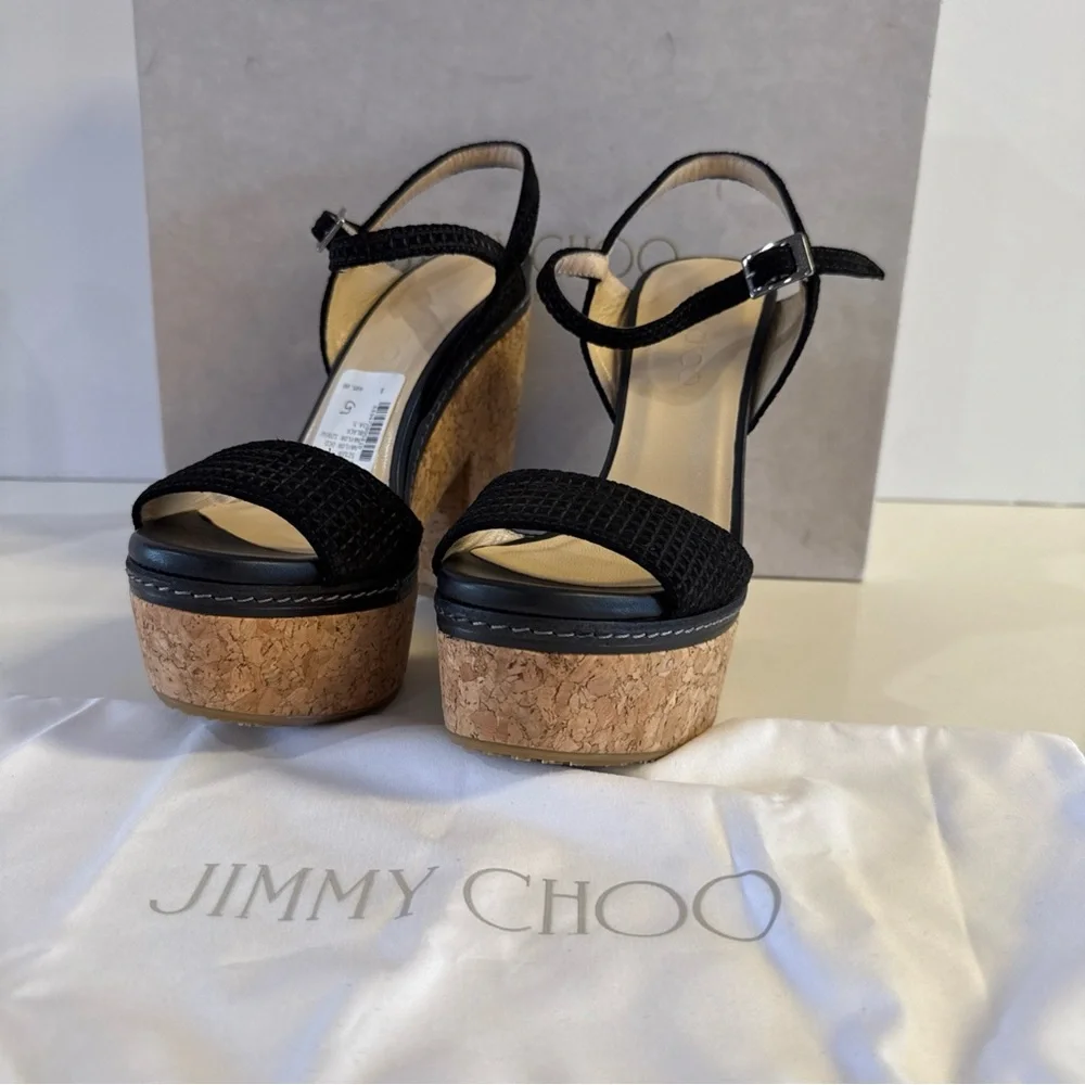 Jimmy Choo Naylor 135 Platform Sandals Black Suede Cork Block Size 38.5…